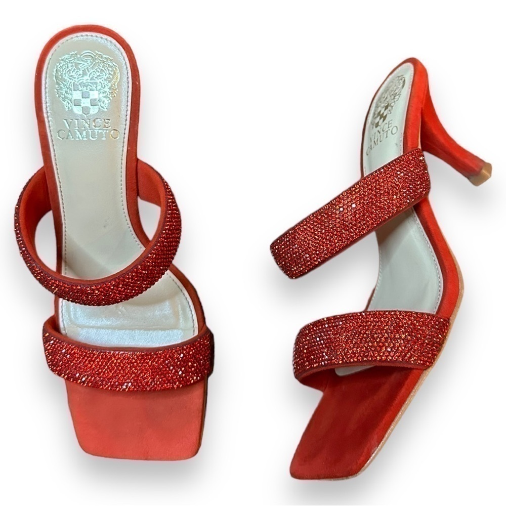 Vince Camuto Aslee Rhinestone Square Toe Heeled Sandals in Cherry Berry | 7